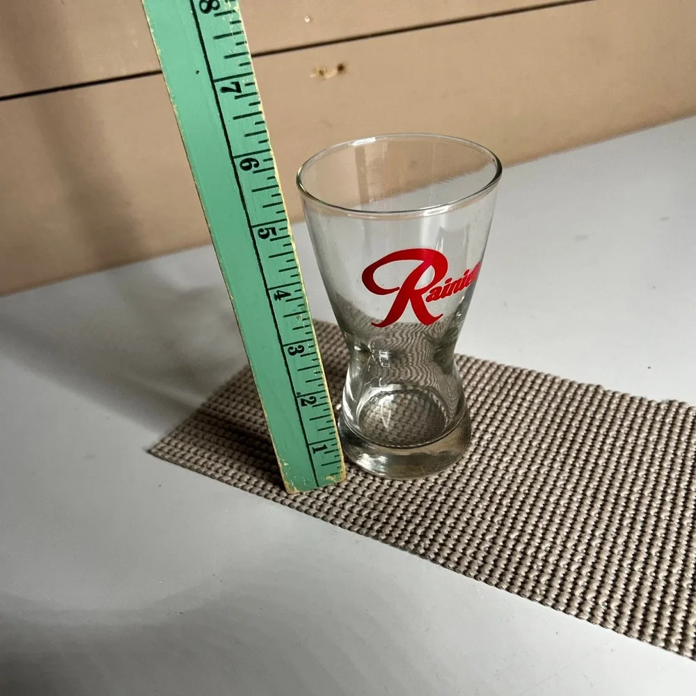 Rainier Beer Shot Glass Clear Red Script Logo Pilsner Style Barware Collectible